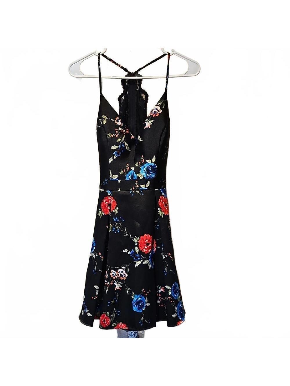 B Smart Fit And Flare Floral Black Dress with Red and Blue Accents Size 7